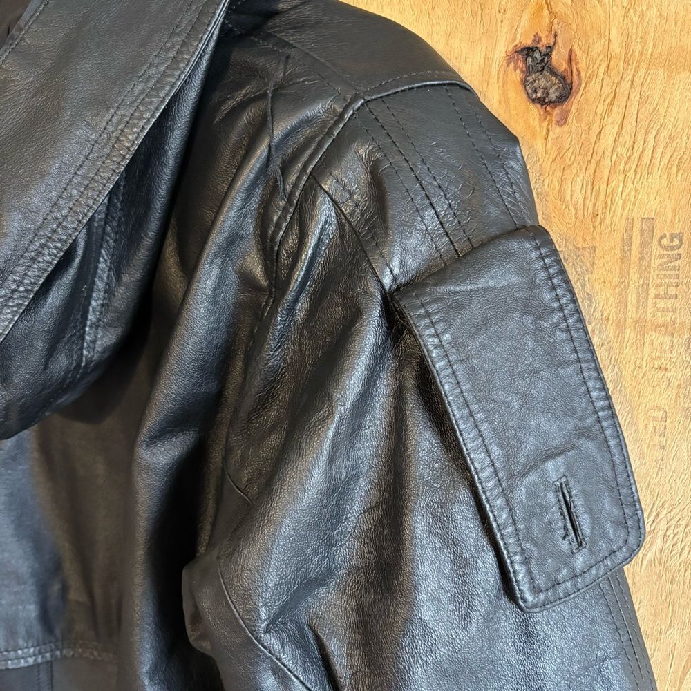 Vintage 90s D.A.N.Y Black Leather Lined Long Drawstring Jacket Coat Classic Sz S - Picture 6 of 9